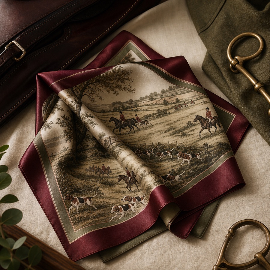 The Carré Hunt Field silk scarf folded on cream linen