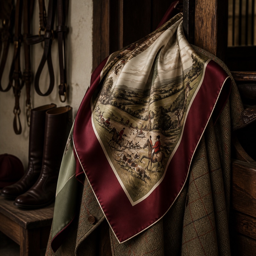 The Carré Hunt Field scarf styled in a tack room