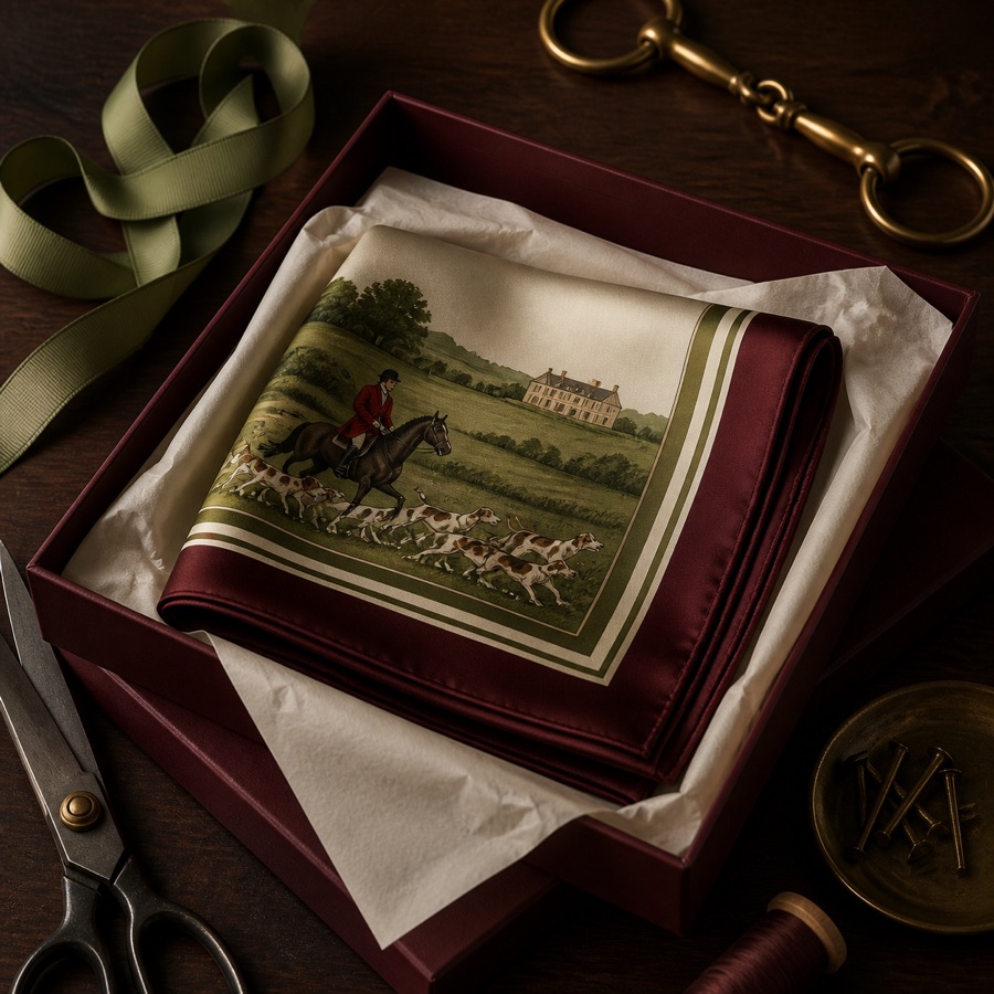 The Carré Hunt Field scarf in an oxblood presentation box