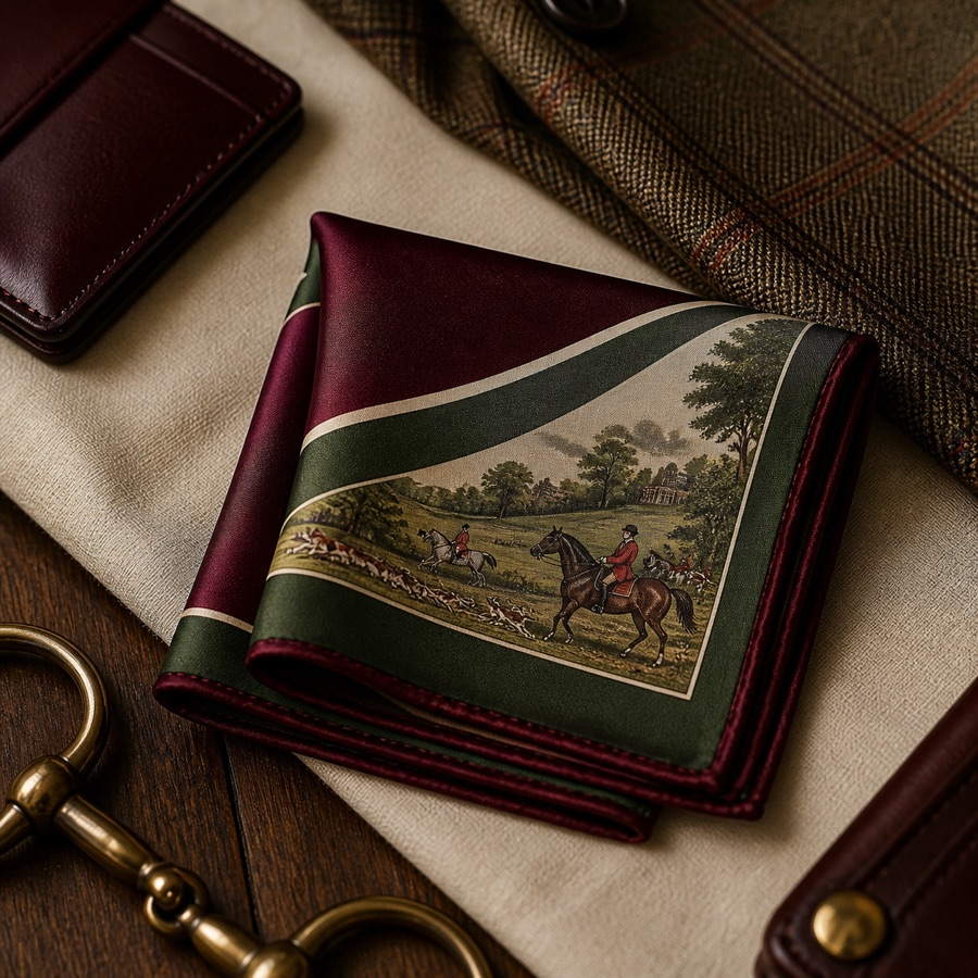 The Pocket Square folded with Hunt Field motif
