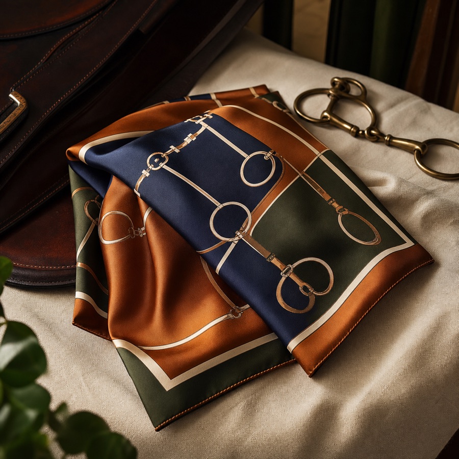 The Carré Snaffle silk scarf folded with brass tack