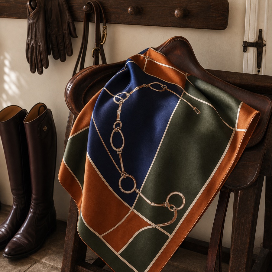 The Carré Snaffle scarf in a boot room setting