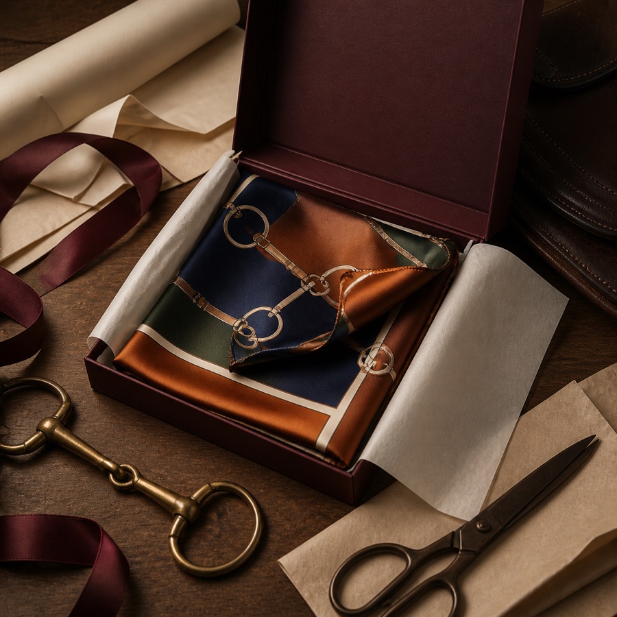 The Carré Snaffle folded in an atelier presentation box