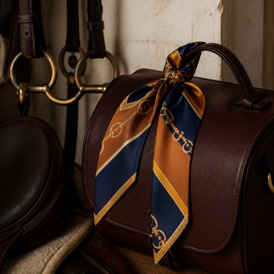 The Twilly tied around an oxblood tack bag handle